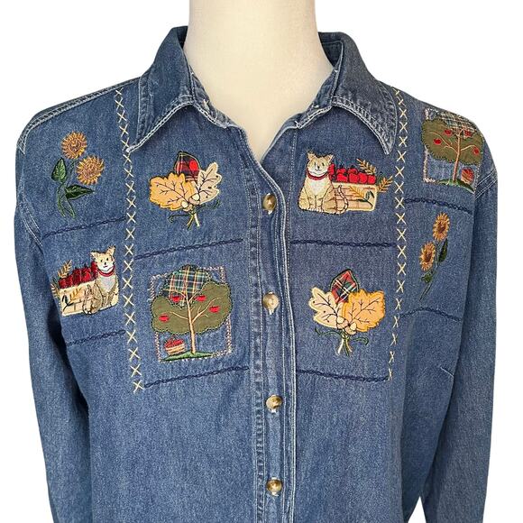 Vintage Fall Autumn Denim Shirt Medium Cats Leaves Apples Sunflowers Cottagecore - Picture 2 of 3